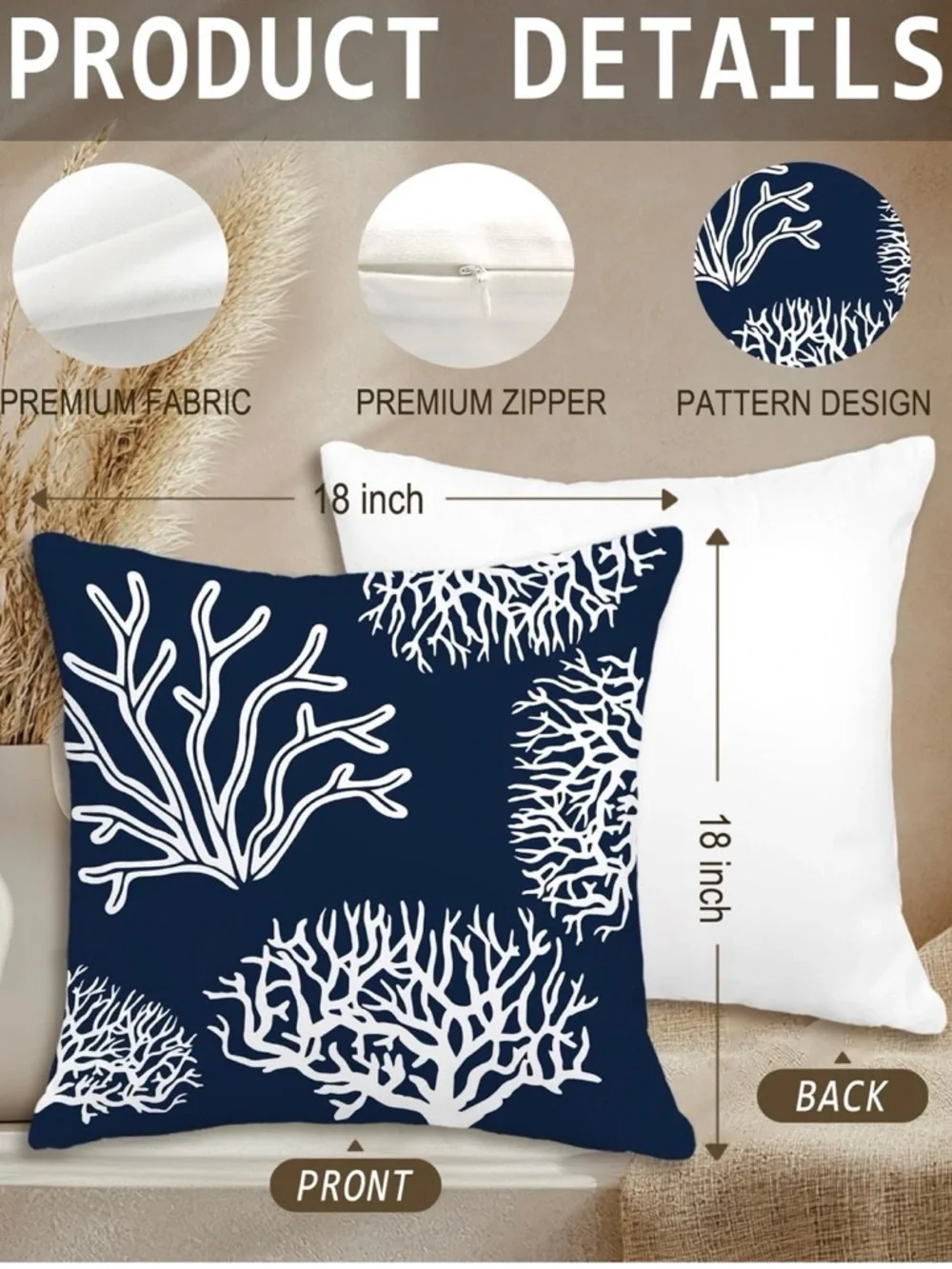 NEW Blue & White Ocean Coral Pillow Cover (1) - 18”x18” - No Pillow Insert